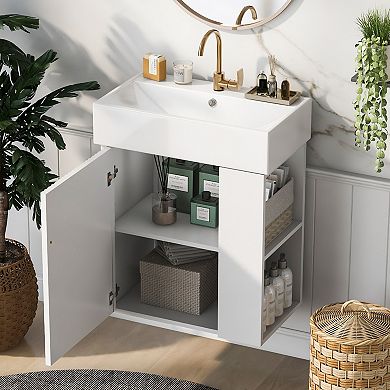 ELEMENT ACE Modern Floating Bathroom Vanity with Ceramic Basin and Side Storage