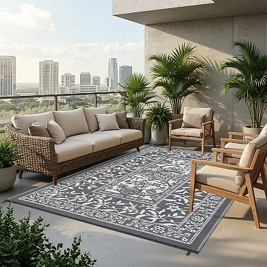 Modern Pastoral Style Reversible Outdoor Rug UV Resistant Waterproof Portable for Poolside Patio