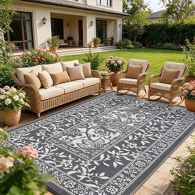 Modern Pastoral Style Reversible Outdoor Rug UV Resistant Waterproof Portable for Poolside Patio