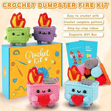 Beginner Crochet Kit, 4-Piece Dumpster Fire, Step-by-Step Tutorials, Funny Gifts