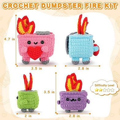 Beginner Crochet Kit, 4-Piece Dumpster Fire, Step-by-Step Tutorials, Funny Gifts