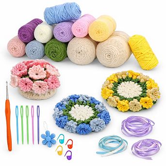 Beginner Crochet Kit, 4 pc Flower Pot Coasters, Yarn and Hooks