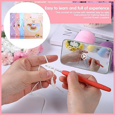 Beginner Crochet Kit, 4-Piece Flower Pot Coasters, Yarn and Hooks