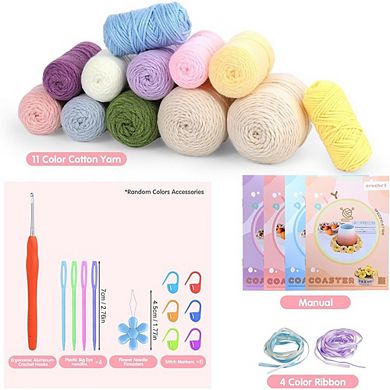 Beginner Crochet Kit, 4-Piece Flower Pot Coasters, Yarn and Hooks