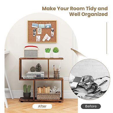 Costway 2-Tier Bookshelf Free Standing Wooden Display S-Shaped Shelf Storage Rack