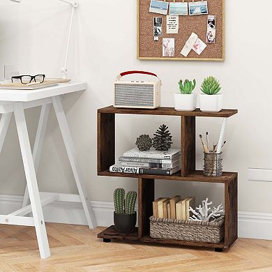 Costway 2-Tier Bookshelf Free Standing Wooden Display S-Shaped Shelf Storage Rack