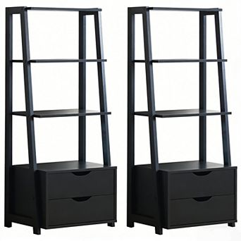 Costway 4 tier Ladder Shelf Bookshelf Bookcase Storage Display Leaning With 2 Drawers