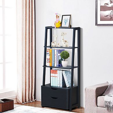 Costway 4-Tier Ladder Shelf Bookshelf Bookcase Storage Display Leaning With 2 Drawers