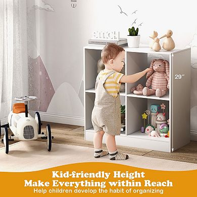 Costway Kids Toy Storage Organizer 4-Cube Wooden Display Bookcase with Anti-toppling Device
