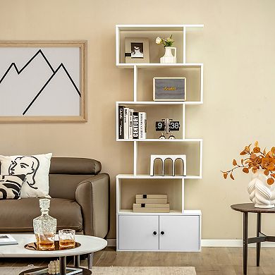 Costway Bookshelf with Cabinet 6-Tier S-Shaped Bookcase Storage Rack White