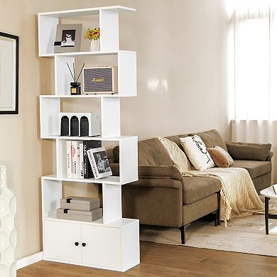 Costway Bookshelf with Cabinet 6-Tier S-Shaped Bookcase Storage Rack White