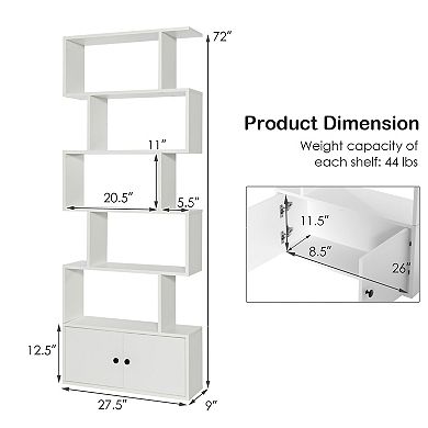 Costway Bookshelf with Cabinet 6-Tier S-Shaped Bookcase Storage Rack White
