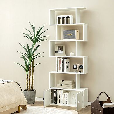 Costway Bookshelf with Cabinet 6-Tier S-Shaped Bookcase Storage Rack White