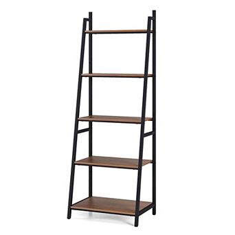 Costway Industrial Ladder Shelf Rustic 5 tier Leaning Bookshelf Wood Metal Bookcase
