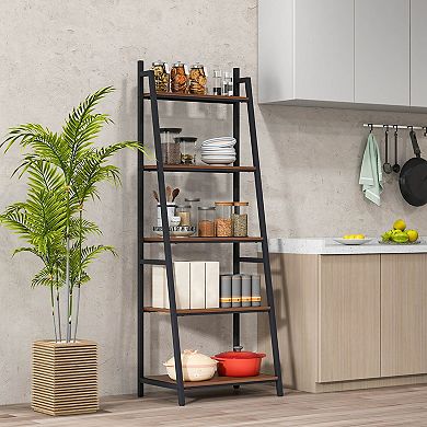 Costway Industrial Ladder Shelf Rustic 5 Tier Leaning Bookshelf Wood Metal Bookcase