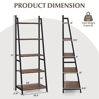 Costway Industrial Ladder Shelf Rustic 5 Tier Leaning Bookshelf Wood Metal Bookcase