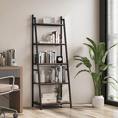 Costway Industrial Ladder Shelf Rustic 5 Tier Leaning Bookshelf Wood Metal Bookcase