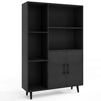 Costway Free Standing Storage Cabinet with 5 Open Shelves Double Door Cabinet Metal Legs