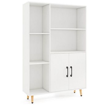 Costway Free Standing Storage Cabinet with 5 Open Shelves Double Door Cabinet Metal Legs
