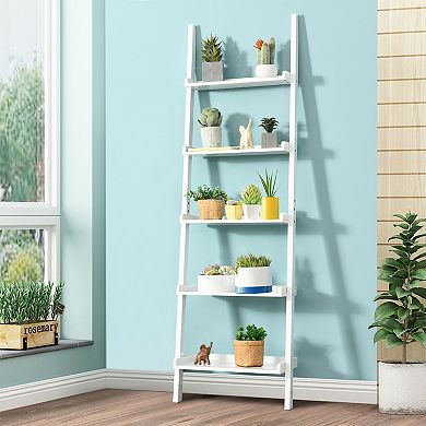 Costway Versatile White 5-Tier Bookshelf Leaning Wall Shelf Ladder Bookcase White