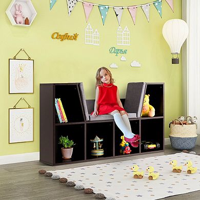 Costway 6 Cubby Kid Storage Cabinet Cushioned Bookcase Multi-Purpose Reading Shelf Brown