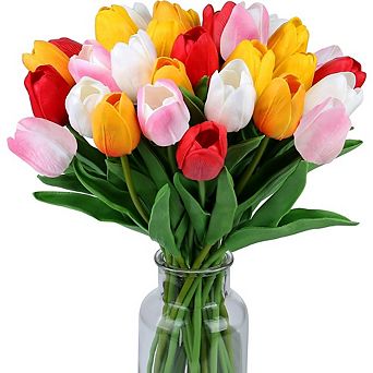 15 pc Artificial Tulip Flowers, Real Touch PU, 14" Bouquet, Spring Decor