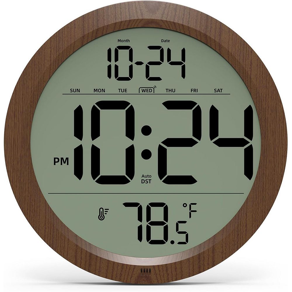 8-Inch Digital Wall Clock, Date, Temperature, Auto-DST, Battery, Wood Decor