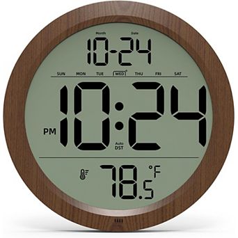 8-Inch Digital Wall Clock, Date, Temperature, Auto-DST, Battery, Wood Decor
