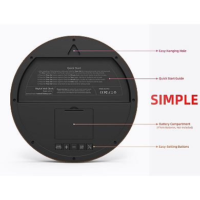 8-Inch Digital Wall Clock, Date, Temperature, Auto-DST, Battery, Wood Decor