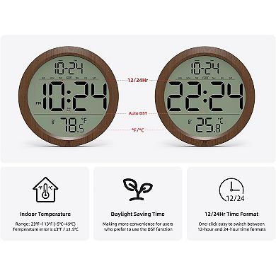 8-Inch Digital Wall Clock, Date, Temperature, Auto-DST, Battery, Wood Decor