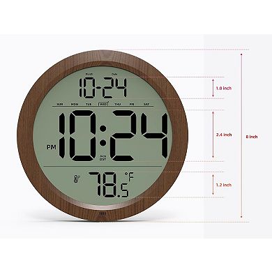 8-Inch Digital Wall Clock, Date, Temperature, Auto-DST, Battery, Wood Decor