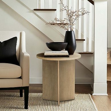 Round Wood Accent Table with Veneer Top and Cross Base Natural