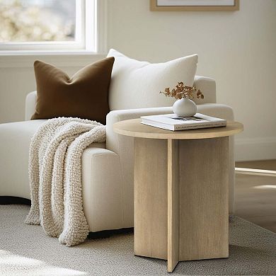 Round Wood Accent Table with Veneer Top and Cross Base Natural