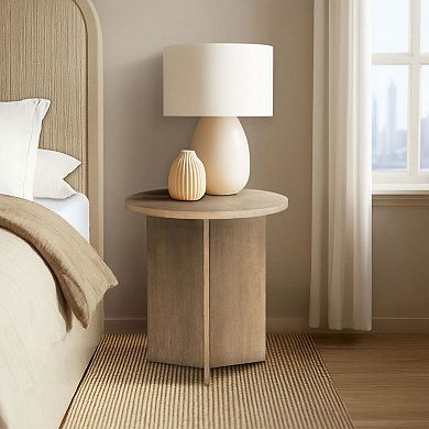 Round Wood Accent Table with Veneer Top and Cross Base Natural