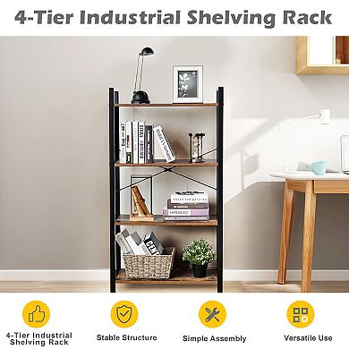 Costway 4-Tier Bookshelf Industrial Bookcase Diaplay Shelf Storage Rack Rustic Brown