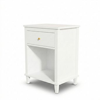 White Wooden Nightstand with Drawer and Open Shelf Gold Handle