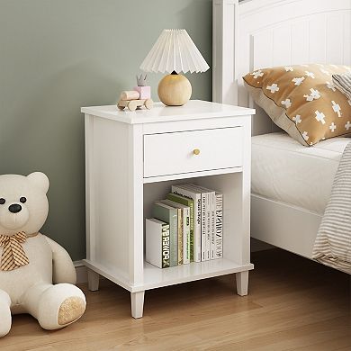 White Wooden Nightstand with Drawer and Open Shelf Gold Handle