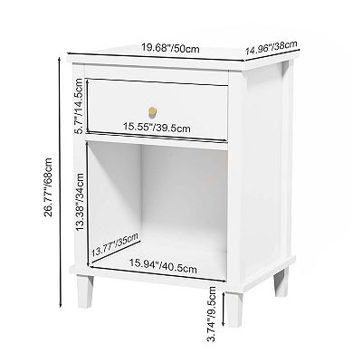 White Wooden Nightstand with Drawer and Open Shelf Gold Handle