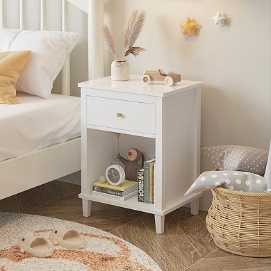 White Wooden Nightstand with Drawer and Open Shelf Gold Handle