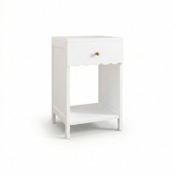Modern White Nightstand with Drawer and Open Shelf Scalloped Edge