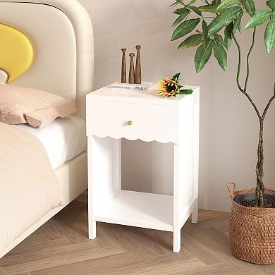 Modern White Nightstand with Drawer and Open Shelf Scalloped Edge
