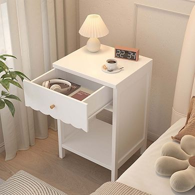 Modern White Nightstand with Drawer and Open Shelf Scalloped Edge