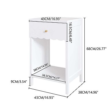 Modern White Nightstand with Drawer and Open Shelf Scalloped Edge