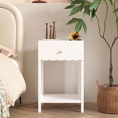 Modern White Nightstand with Drawer and Open Shelf Scalloped Edge