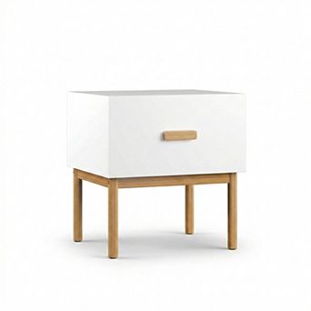 Modern White Nightstand with Drawer and Wood Legs Bedside Table