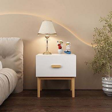 Modern White Nightstand with Drawer and Wood Legs Bedside Table