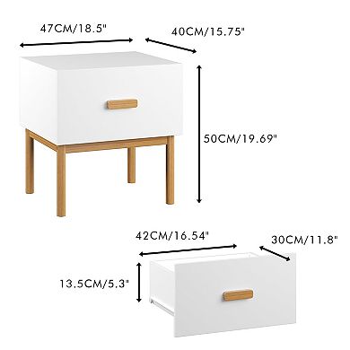 Modern White Nightstand with Drawer and Wood Legs Bedside Table