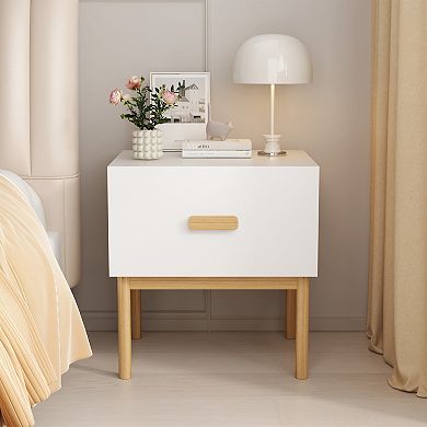 Modern White Nightstand with Drawer and Wood Legs Bedside Table