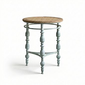 Round Rustic Wood Accent End Table with Carved Top and Metal Base