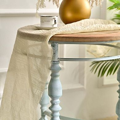 Round Rustic Wood Accent End Table with Carved Top and Metal Base